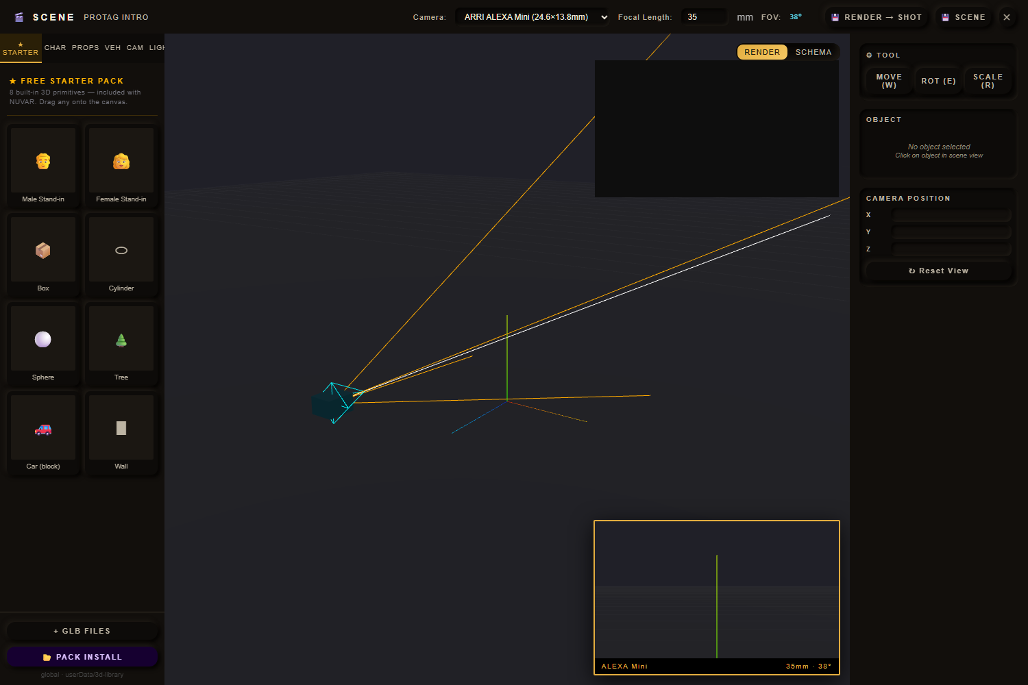 NUVAR 3D scene editor with camera and starter pack