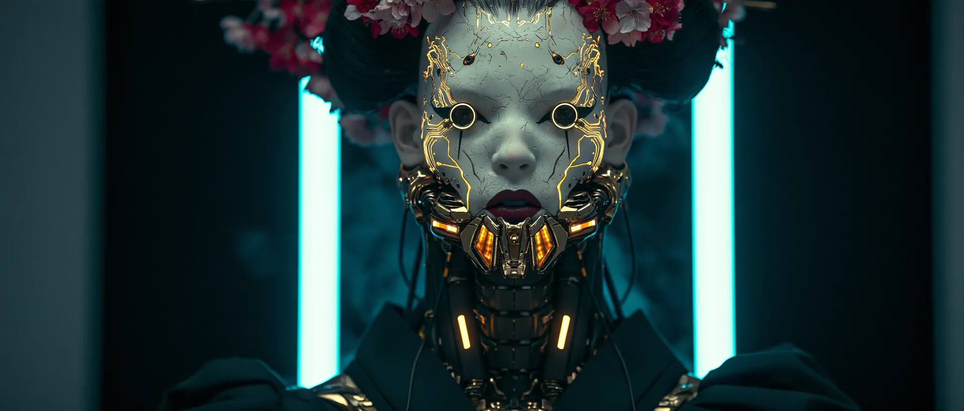 AI-generated cyberpunk geisha — character close-up from a NUVAR shot breakdown